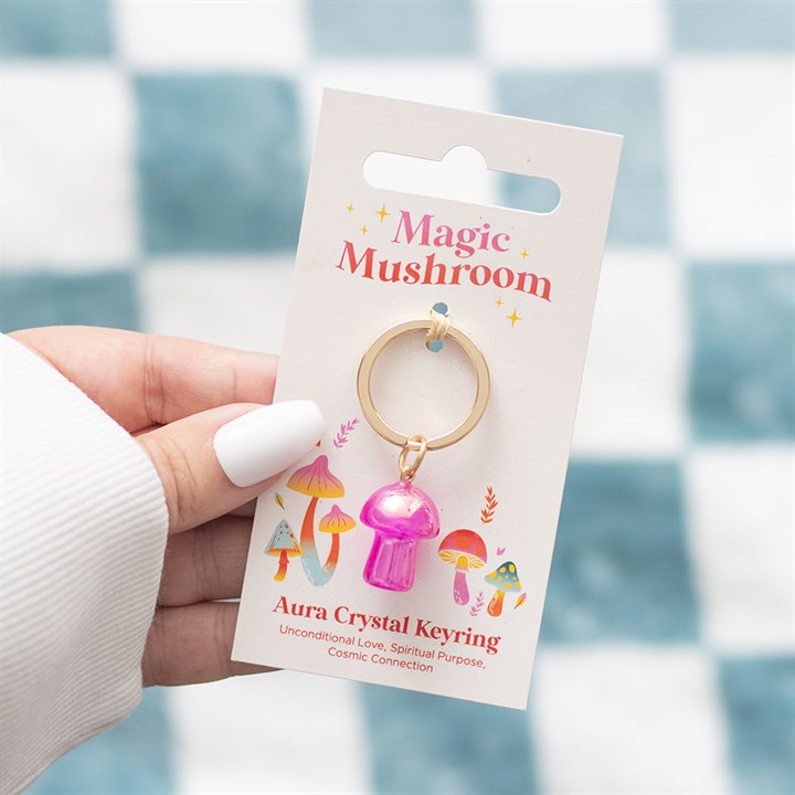 Pink Aura Crystal Mushroom Keyring