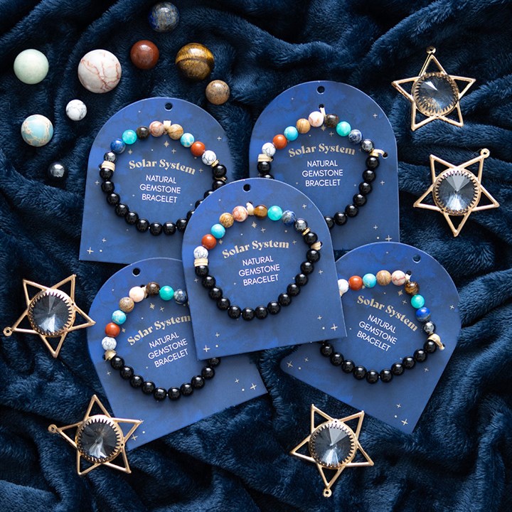 Set of 30 Solar System Gemstone Bracelets in Display