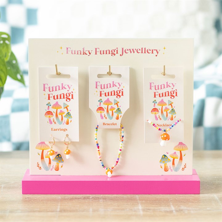 Set of 18 Funky Fungi Mushroom Jewellery Pieces on Display