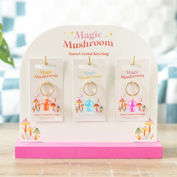 Set of 18 Aura Crystal Mushroom Keyrings on Display