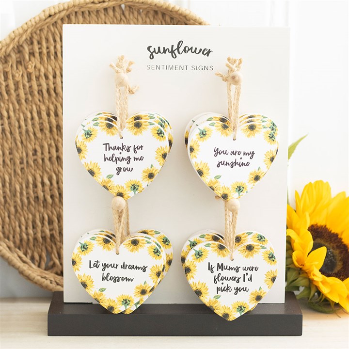 Set of 24 Sunflower Heart Sentiment Signs on Display