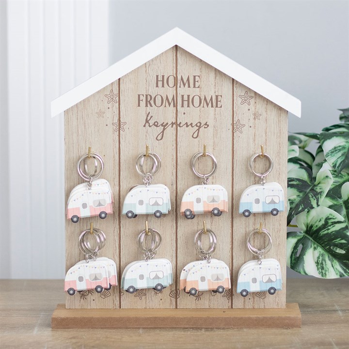 Set of 32 Home from Home Caravan Keyrings on Display