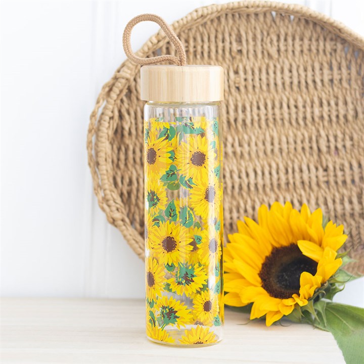 Sunflower Print Glass Water Bottle